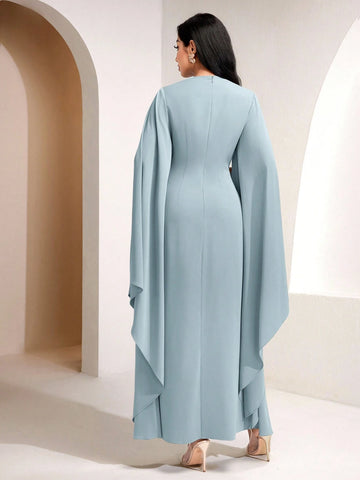 Solid Color Metal Decor Knot Pleated Super Long Split Sleeve Cinched Waist Dress