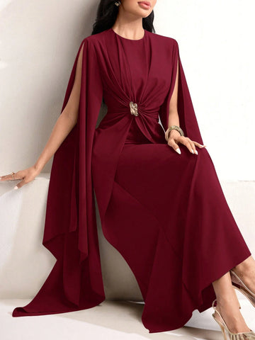 Solid Color Metal Decor Knot Pleated Super Long Split Sleeve Cinched Waist Dress