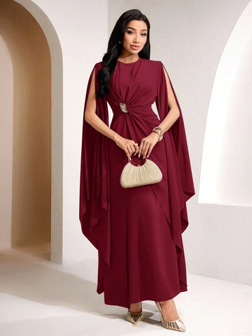 Solid Color Metal Decor Knot Pleated Super Long Split Sleeve Cinched Waist Dress