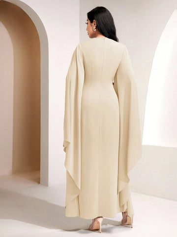 Solid Color Metal Decor Knot Pleated Super Long Split Sleeve Cinched Waist Dress