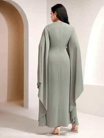 Solid Color Metal Decor Knot Pleated Super Long Split Sleeve Cinched Waist Dress