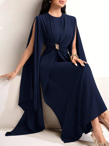 Solid Color Metal Decor Knot Pleated Super Long Split Sleeve Cinched Waist Dress