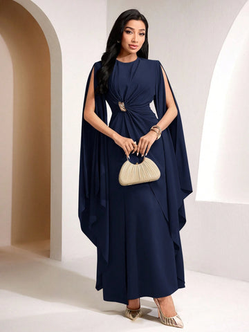 Solid Color Metal Decor Knot Pleated Super Long Split Sleeve Cinched Waist Dress