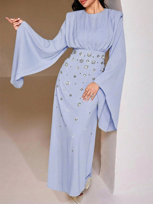 Women's Round Neck Flare Sleeve Rhinestone Floral Decor Elegant Arabic Style Dress