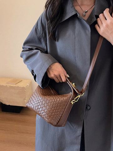 1pc Faux Snake Skin Woven Solid Color PU Tote Bag