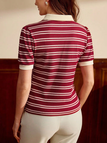 Elegant Women Polo Collar Jacquard Casual Commute Vacation T-Shirt