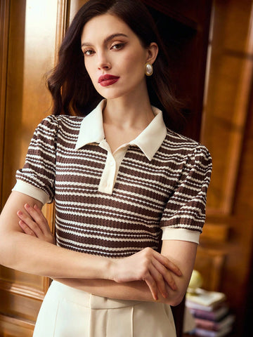 Elegant Women Polo Collar Jacquard Casual Commute Vacation T-Shirt