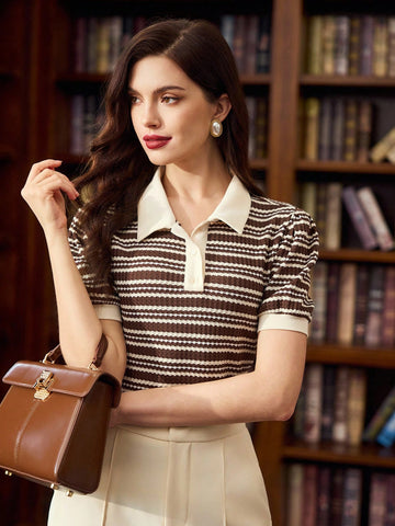Elegant Women Polo Collar Jacquard Casual Commute Vacation T-Shirt