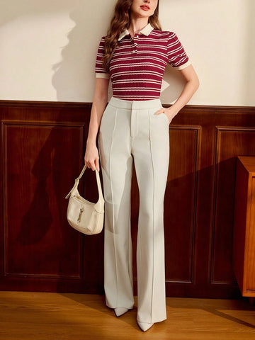 Elegant Women Polo Collar Jacquard Casual Commute Vacation T-Shirt