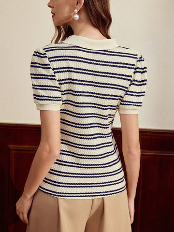 Elegant Women Polo Collar Jacquard Casual Commute Vacation T-Shirt