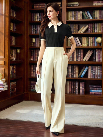 Elegant Women Polo Collar Jacquard Casual Commute Vacation T-Shirt