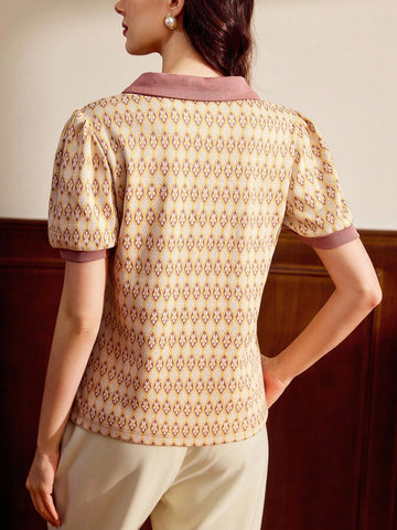Elegant Women Polo Collar Jacquard Casual Commute Vacation T-Shirt