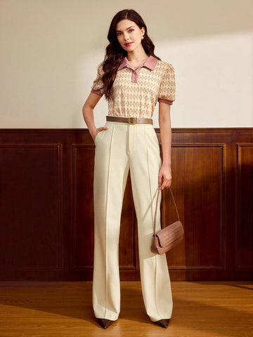 Elegant Women Polo Collar Jacquard Casual Commute Vacation T-Shirt