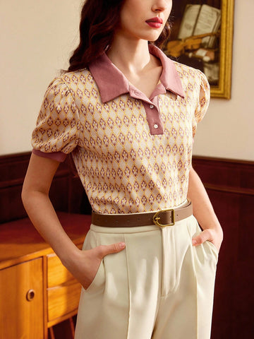 Elegant Women Polo Collar Jacquard Casual Commute Vacation T-Shirt