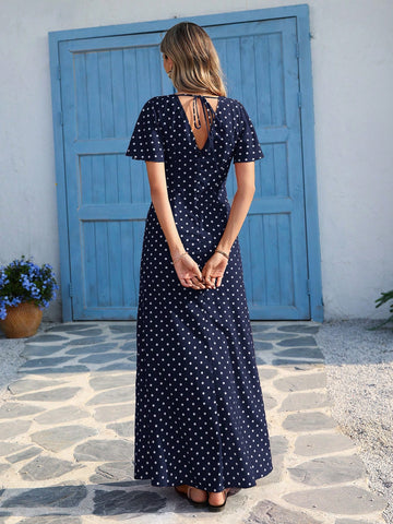Vivid Eden Wave Pattern V-Neck Short Sleeve Fitted Women's Dress