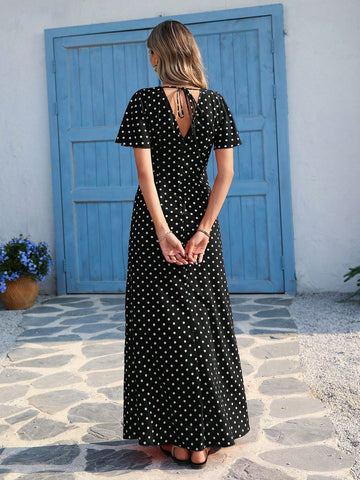 Vivid Eden Wave Pattern V-Neck Short Sleeve Fitted Women's Dress