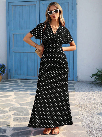 Vivid Eden Wave Pattern V-Neck Short Sleeve Fitted Women's Dress