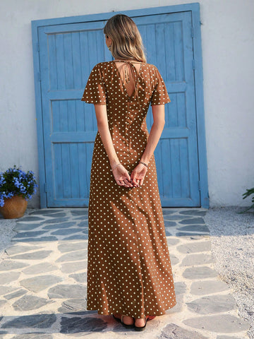 Vivid Eden Wave Pattern V-Neck Short Sleeve Fitted Women's Dress