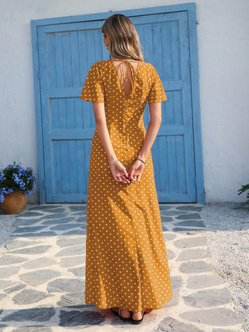 Vivid Eden Wave Pattern V-Neck Short Sleeve Fitted Women's Dress