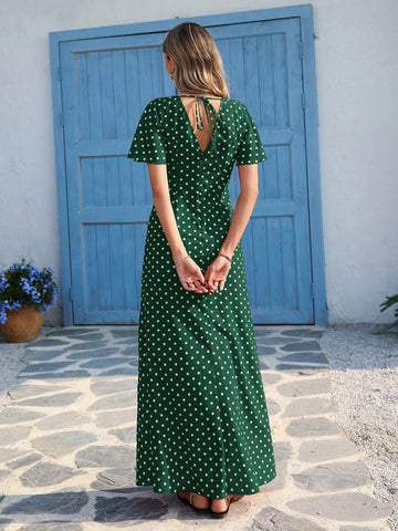 Vivid Eden Wave Pattern V-Neck Short Sleeve Fitted Women's Dress