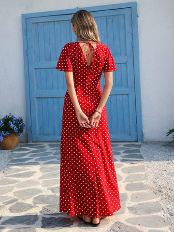 Vivid Eden Wave Pattern V-Neck Short Sleeve Fitted Women's Dress