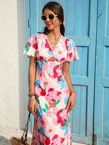Vivid Eden Wave Pattern V-Neck Short Sleeve Fitted Women's Dress