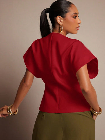 Vixey Solid Textured Woven Asymmetrical Hem Single Button Waistcoat Top