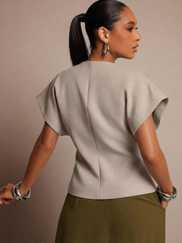 Vixey Solid Textured Woven Asymmetrical Hem Single Button Waistcoat Top