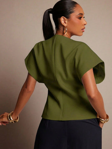 Vixey Solid Textured Woven Asymmetrical Hem Single Button Waistcoat Top