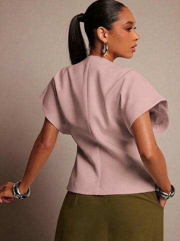 Vixey Solid Textured Woven Asymmetrical Hem Single Button Waistcoat Top