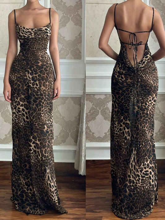 Women's Sexy Backless Leopard Print Sheer Dress