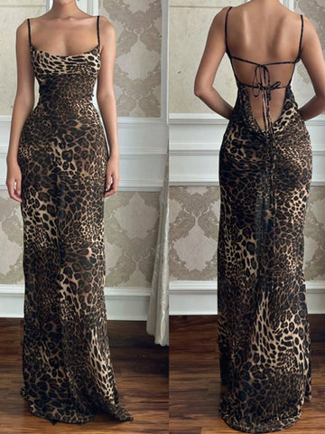 Women's Sexy Backless Leopard Print Sheer Dress