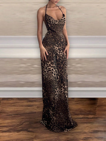Women's Sexy Backless Leopard Print Sheer Dress
