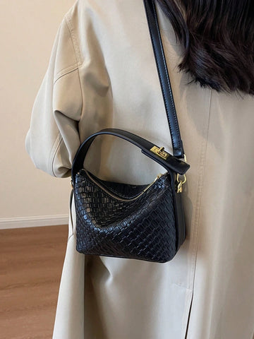 1pc Faux Snake Skin Woven Solid Color PU Tote Bag