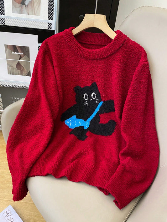 Women's Casual Cat Pattern Round Neck Drop Shoulder Long Sleeve Sweater
