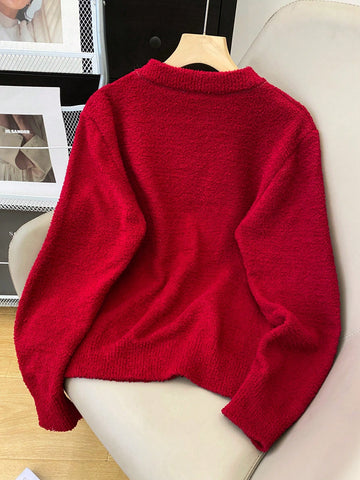 Women's Casual Cat Pattern Round Neck Drop Shoulder Long Sleeve Sweater