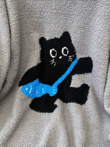 Women's Casual Cat Pattern Round Neck Drop Shoulder Long Sleeve Sweater