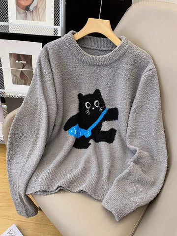 Women's Casual Cat Pattern Round Neck Drop Shoulder Long Sleeve Sweater