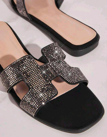 Women's Luxe-Inspired Rhinestone Harness Cutout Open Toe Rhinestone Pewter Slides