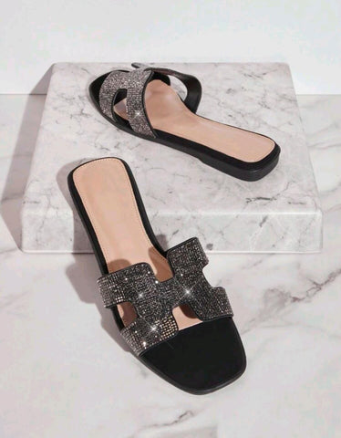 Women's Luxe-Inspired Rhinestone Harness Cutout Open Toe Rhinestone Pewter Slides