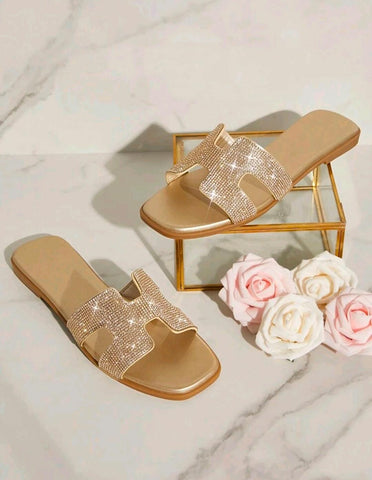 Women's Luxe-Inspired Rhinestone Harness Cutout Open Toe Rhinestone Pewter Slides