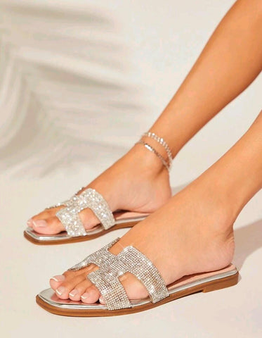 Women's Luxe-Inspired Rhinestone Harness Cutout Open Toe Rhinestone Pewter Slides
