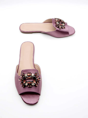 Women Gemstone & Rhinestone Decor Single Band Slide Sandals