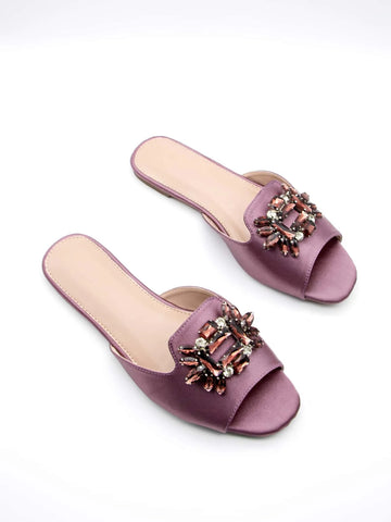 Women Gemstone & Rhinestone Decor Single Band Slide Sandals