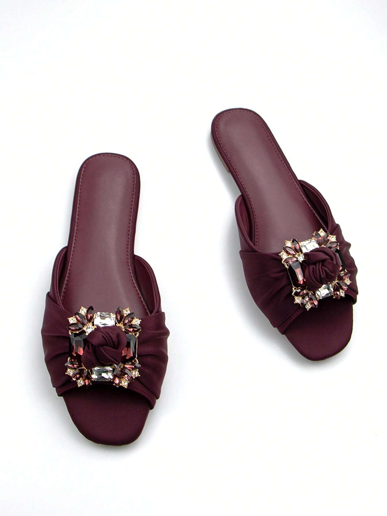 Women Rhinestone Decor Ruched Detail Slide Sandals