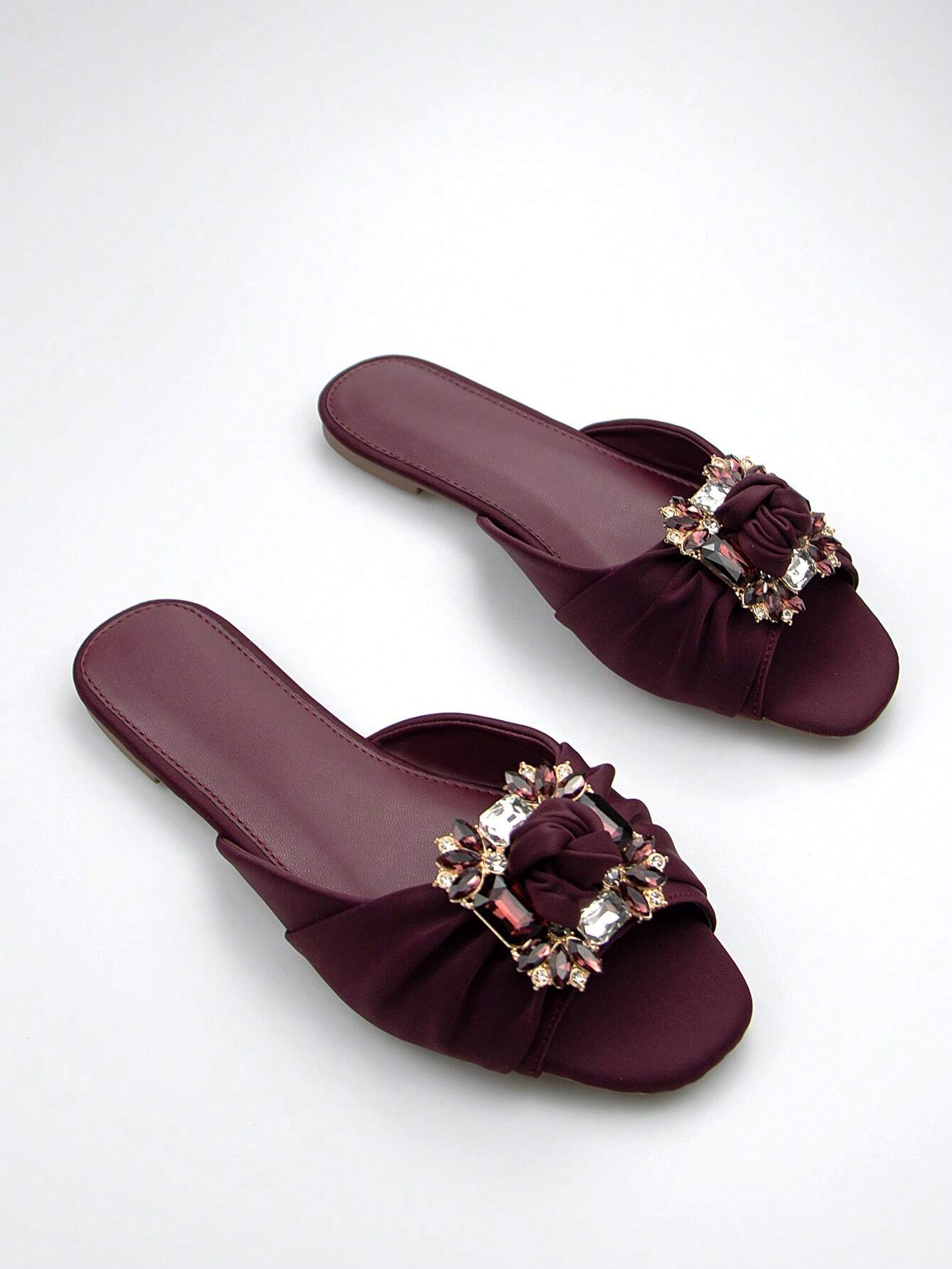 Women Rhinestone Decor Ruched Detail Slide Sandals