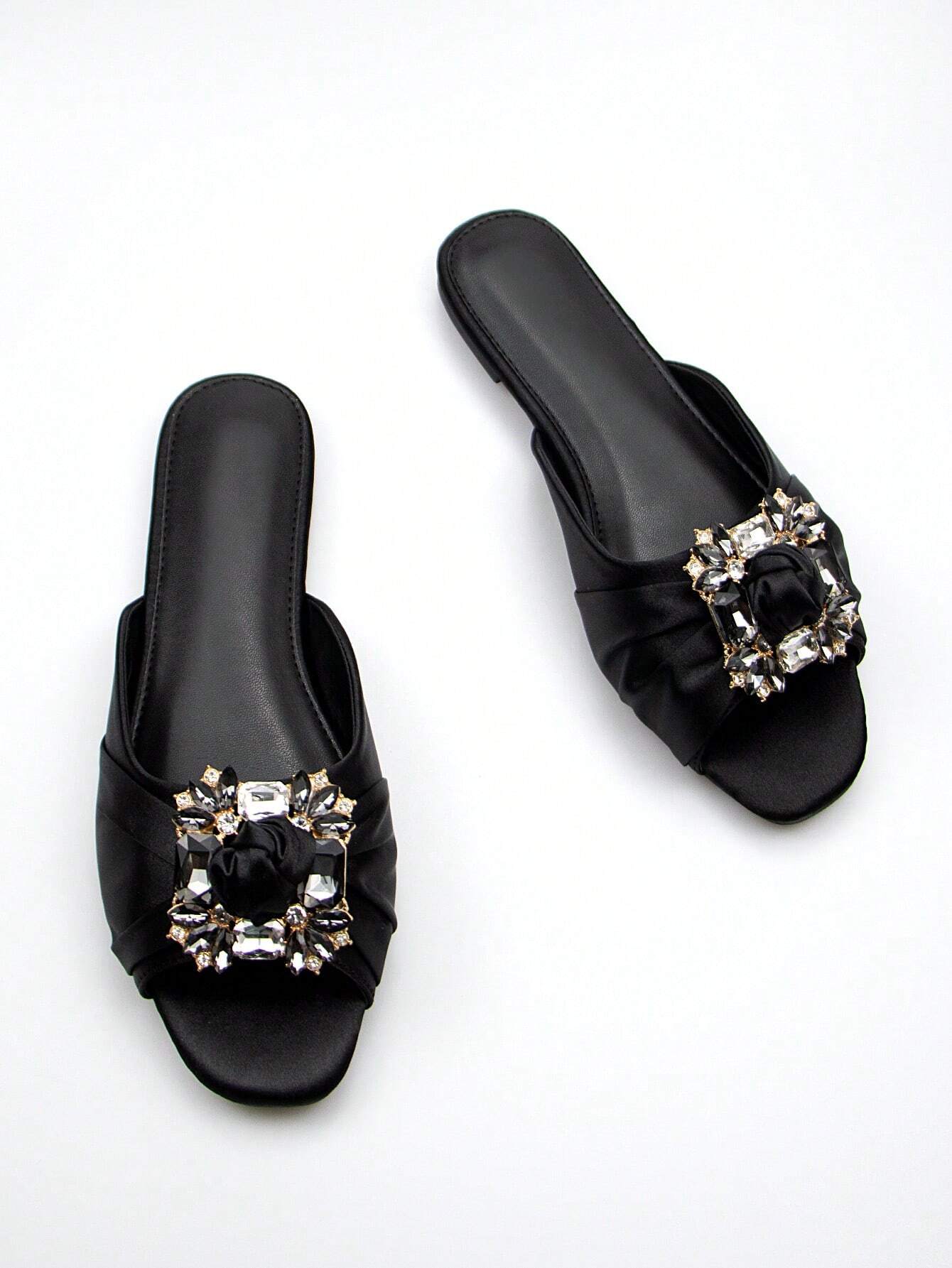 Women Rhinestone Decor Ruched Detail Slide Sandals