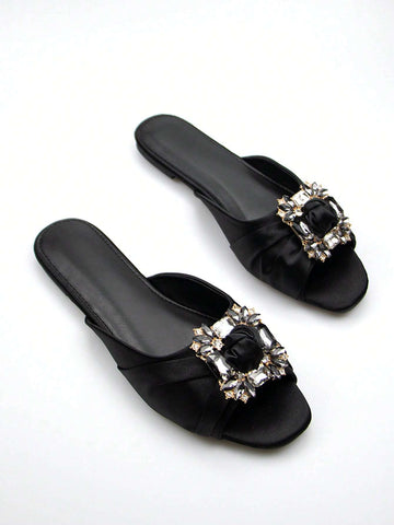 Women Rhinestone Decor Ruched Detail Slide Sandals