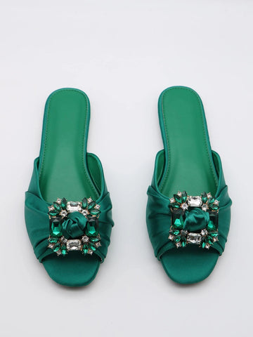 Women Rhinestone Decor Ruched Detail Slide Sandals