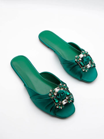 Women Rhinestone Decor Ruched Detail Slide Sandals